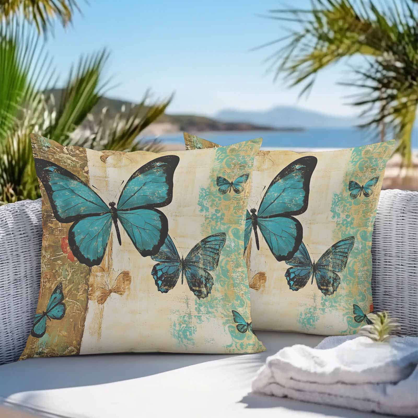 Waterproof Throw Pillow Covers Set of 2, 20x20 Inch Retro Teal Butterfly Decorative Pillowcases Outdoor Pillow Slip Cushion Covers Set for Couch Tent Summer Butterflies Vintage