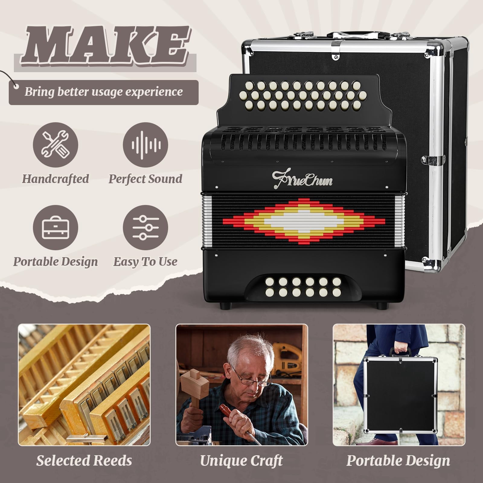 YueChun Accordion, 31 Keys 12 Bass G/C/F Diatonic Button Accordion , Portable Professional Button Accordion with Case (Black)