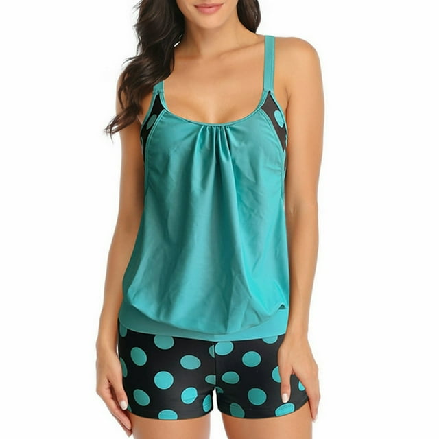 Two Piece Tankini Swimsuit for Women Strappy Tummy Control Top with Dot Print Bottom Bathing Suits