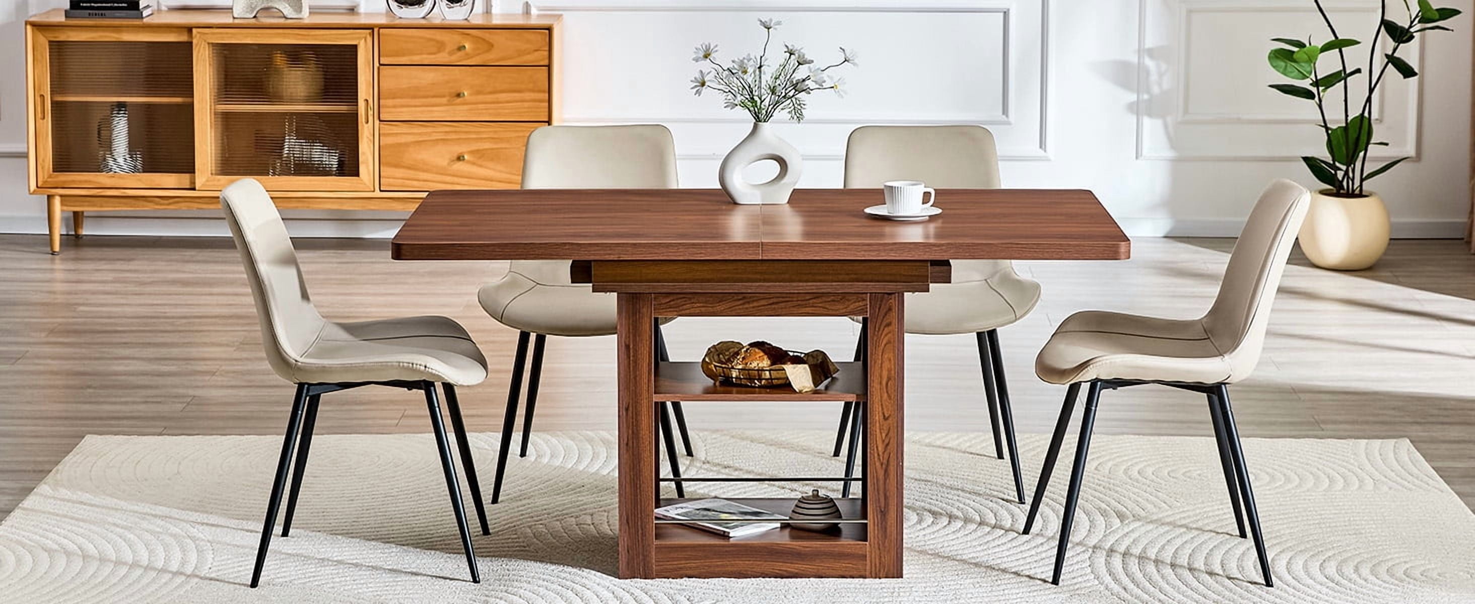 Sailvan Dining Set, 59-71 Inch Walnut MDF Table with Brown Tech-Fabric Curved Widened Cushion Chairs