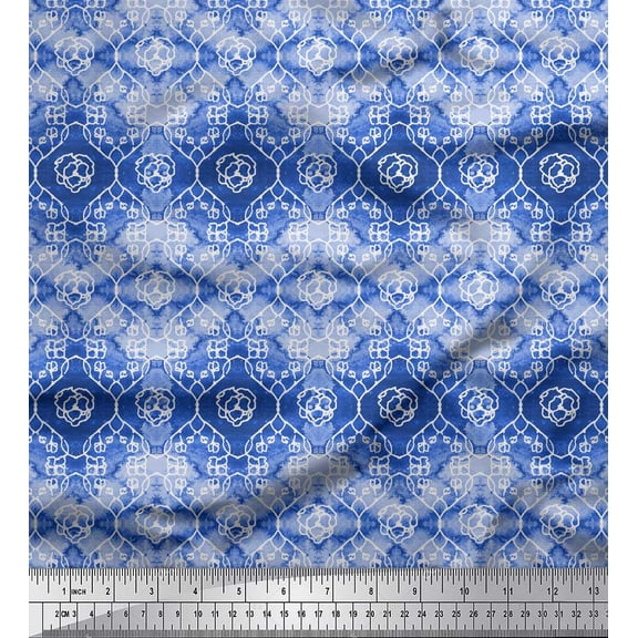 Soimoi Blue Poly Georgette Fabric Damask Watercolor Print Sewing Fabric Yard 42 Inch Wide