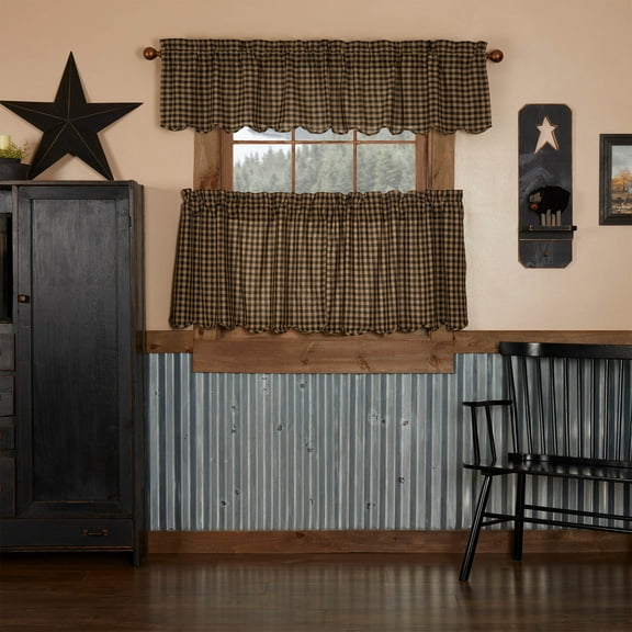 VHC Brands Black Check 3 PC Raven Curtain Set (1 Valance 16x72 and 2 Tier 24x36)