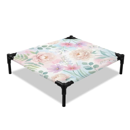 Peony Elevated Dog Bed Cosmos Eucalyptus Leaf Watercolor Floral Cooling Breathable Outdoor Raised Dog Cot Bed with Metal Frame Non-Slip Feet for Small Dog 20x20in