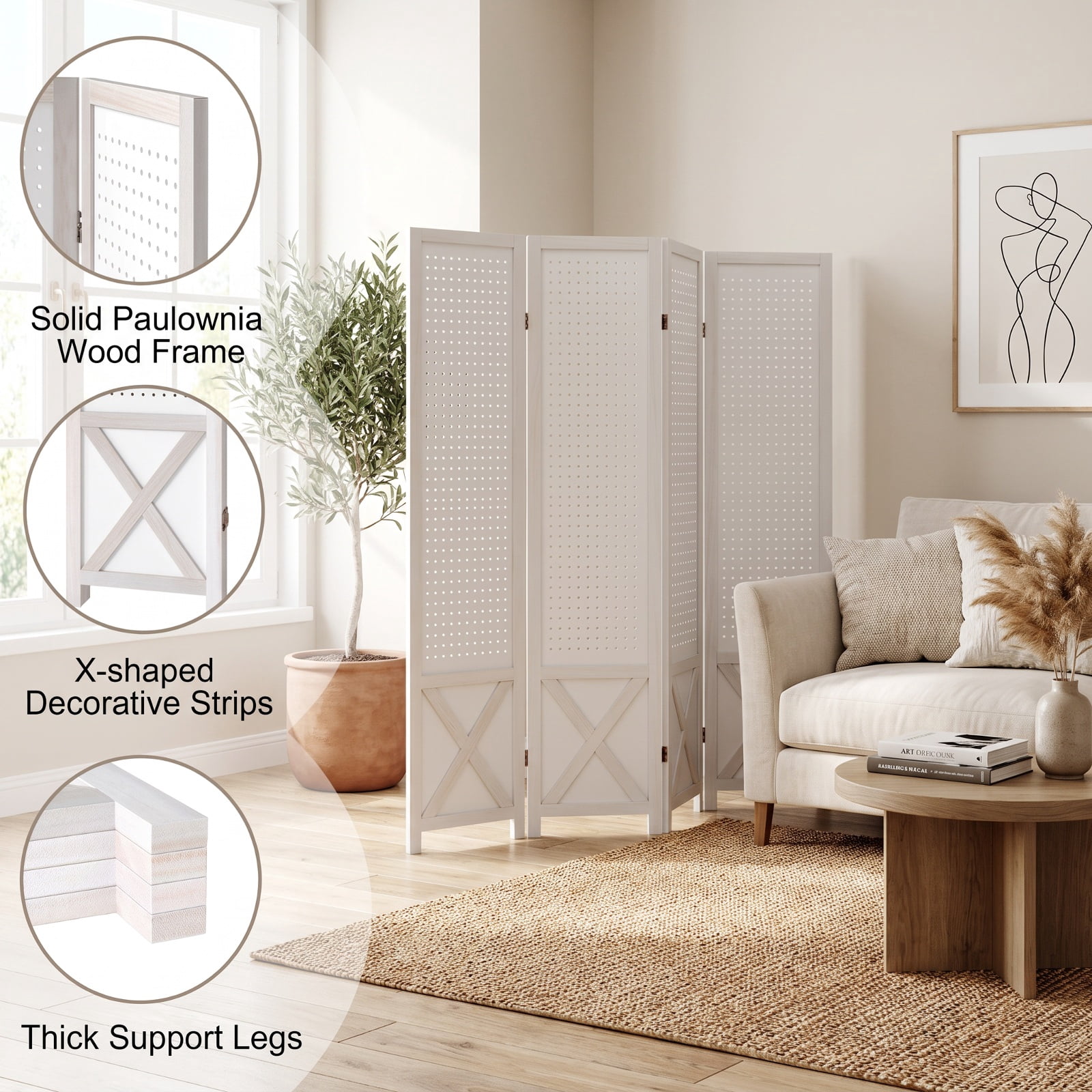 Vebreda 6-Panel Pegboard Room Divider, 67 in Tall Foldable Wood Privacy Screen with Peg Holes for Hanging Storage, Freestanding Partition for Home Office, White