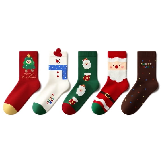 Beibi 5-Pair Pack Unisex Children's Mid-Calf Socks Christmas & All-Season Style Suitable for Children Ages 4 and Up