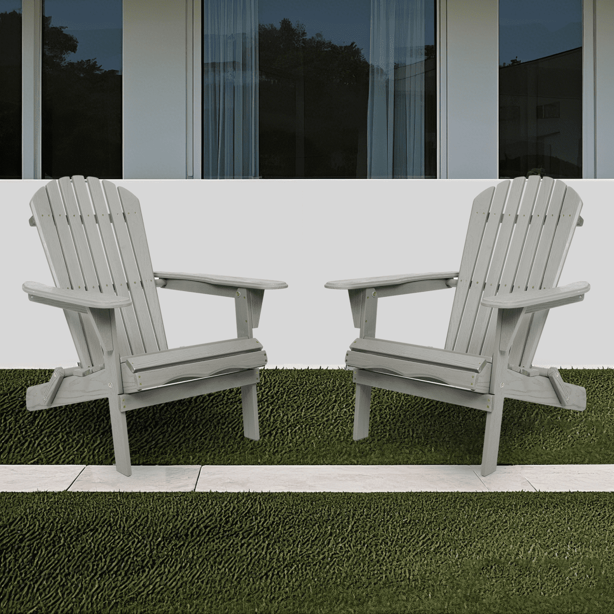 Embossed Cedar Wood Folding Adirondack Chair Set of 2, Outdoor Wooden Lounge Patio Chair with Smooth Finish, Foldable Garden Chair for Lawn Backyard, Gray