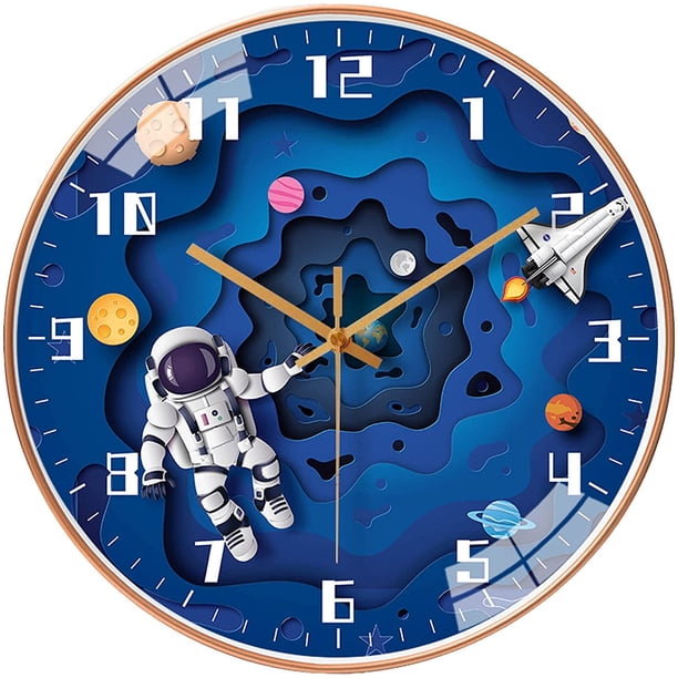 Reloj de pared para niños con movimiento silencioso de 12 pulgadas, sin garrapatas, reloj de pared redondo para niños, alimentado por batería, estilo de viaje espacial, reloj decorativo para niños pa JAMW Sencillez