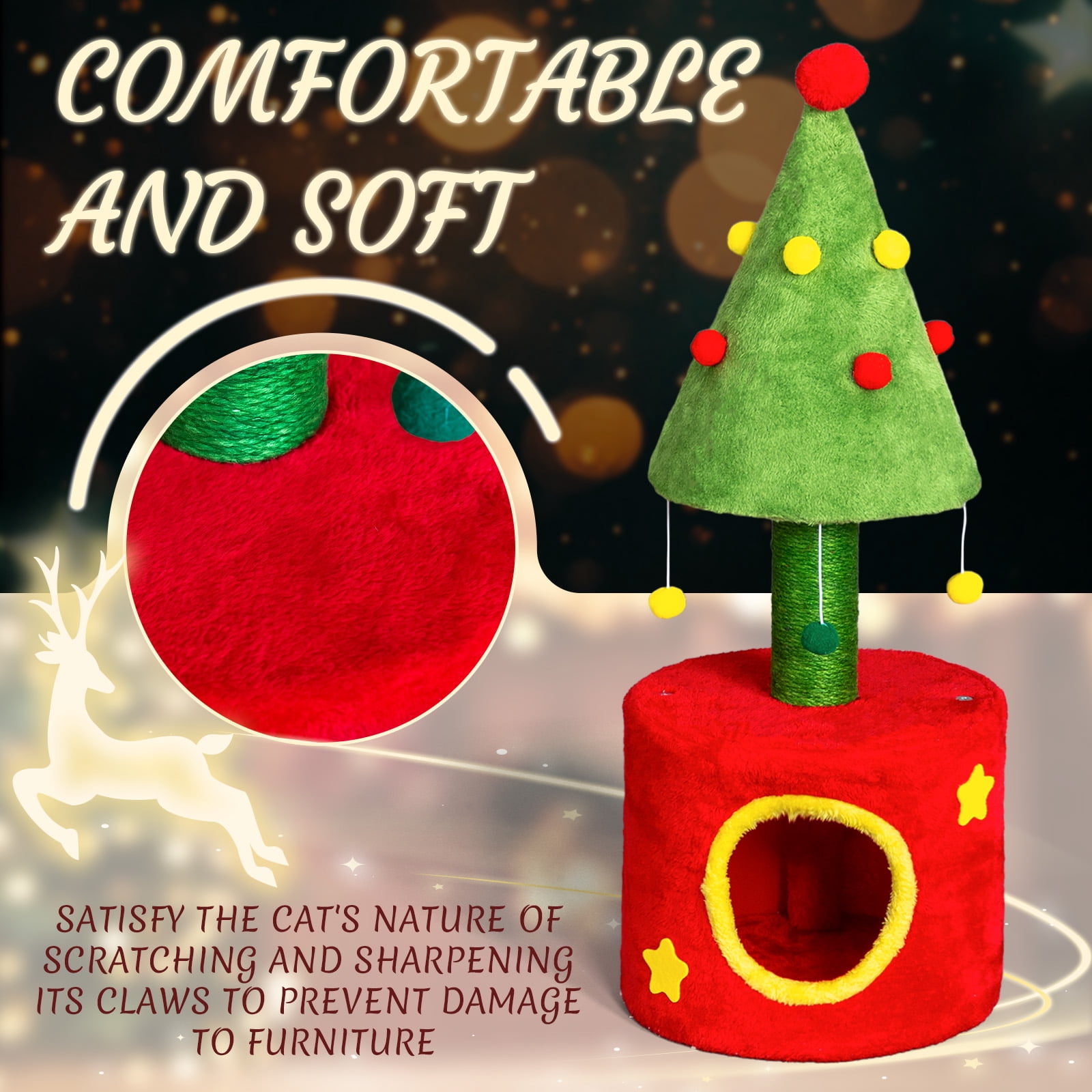 Ktaxon 30'' Christmas Cat Scratching Post with House, Sisal Tower & Hanging Balls for Indoor Kittens, Red & Green
