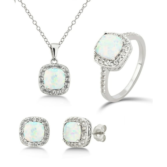 Diamond Accent, Created Opal & White Sapphire Sterling Silver 3 Piece Jewelry Set