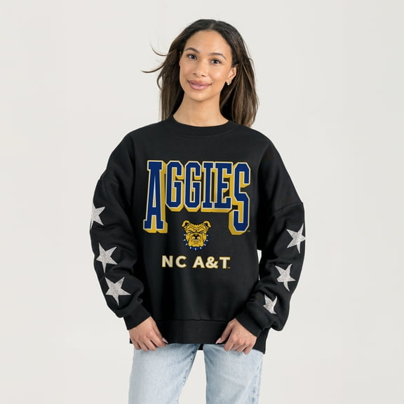 Women's Gameday Couture Black North Carolina A&T Aggies Pure Victory Relaxed Rhinestone Pullover Sweatshirt
