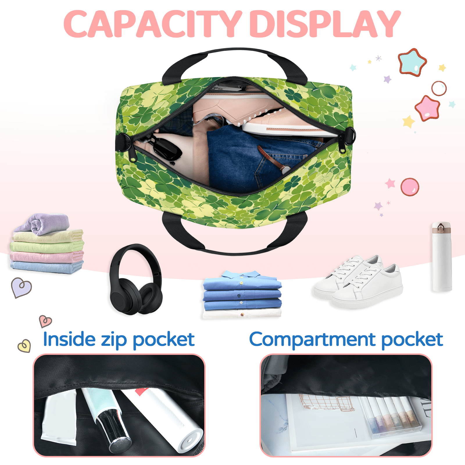 Herdesigns St. Patrick's Day Shamrock Clover Gym Bag for Women, Duffle Bag for Travel Sport, Lightweight Waterproof Carry on Weekender Overnight Dance Yoga Workout Bags