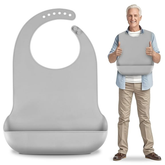 【LARGE SIZE】 Adjustable Silicone Adult Bib, Washable Bib for Men & Women, Waterproof bib for Elderly with Crumb Catcher, Adjustable Button Closure