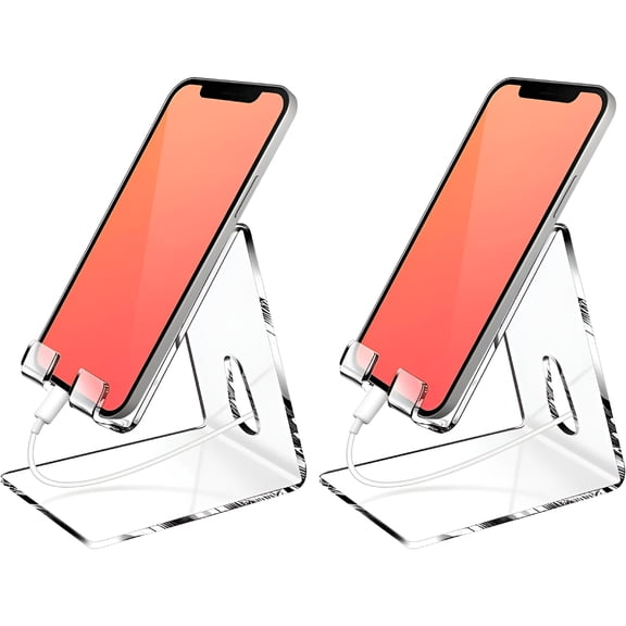 LAMIRO 2 Pack Acrylic Cell Phone Stand Clear Phone Stand for Desk Portable Phone Holder Compatible with Smartphones,Pad,Tablet,Home Office Desk Accessories