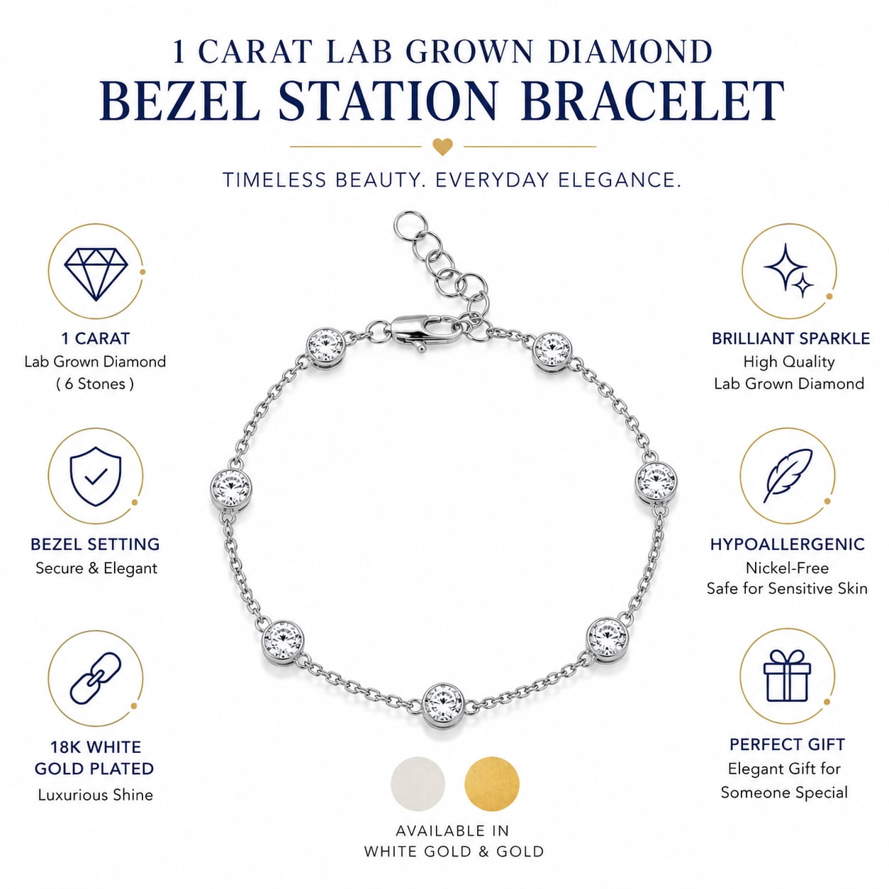 JeenMata 1 Carat Lab Grown Diamond Bezel Station Bracelets - Elegant Gift Jewelry Bracelet in 18K White Gold Plating Gift for Women, Girlfriend