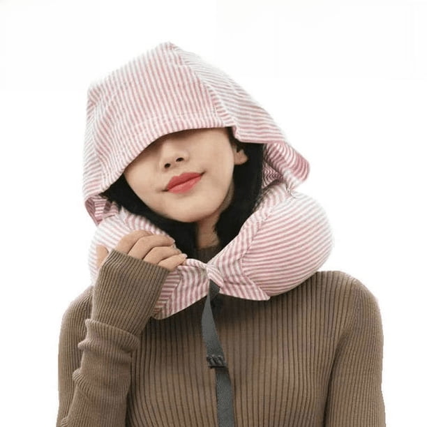 Almohada en forma de U para viajes, cuello, avión, siesta, almohada cervical de algodón con doble botón que cubre los ojos