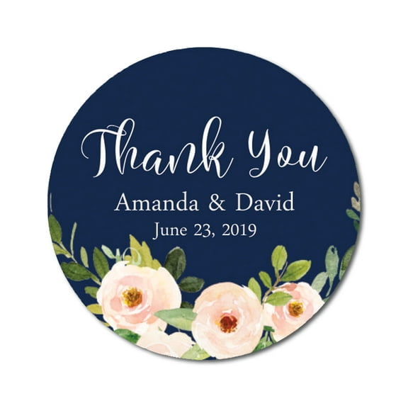 Darling Souvenir Round 45 Pcs Peony Floral Thank You Stickers Personalized Bride Groom Names And Date Envelope Seals-Navy Blue