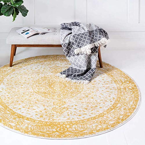 Unique Loom Bromley Collection Vintage Traditionnel Médaillon Bordure Jaune Tapis Rond (5' 0 x 5' 0)