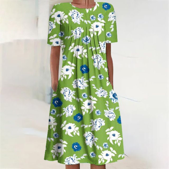 Puntoco Vestido Plisado Con Cuello Redondo Estampado Informal Para Mujer Vestido De Cuello Redondo De Manga Corta Verde Xxxxxl,Regalos Para Mujer Joven