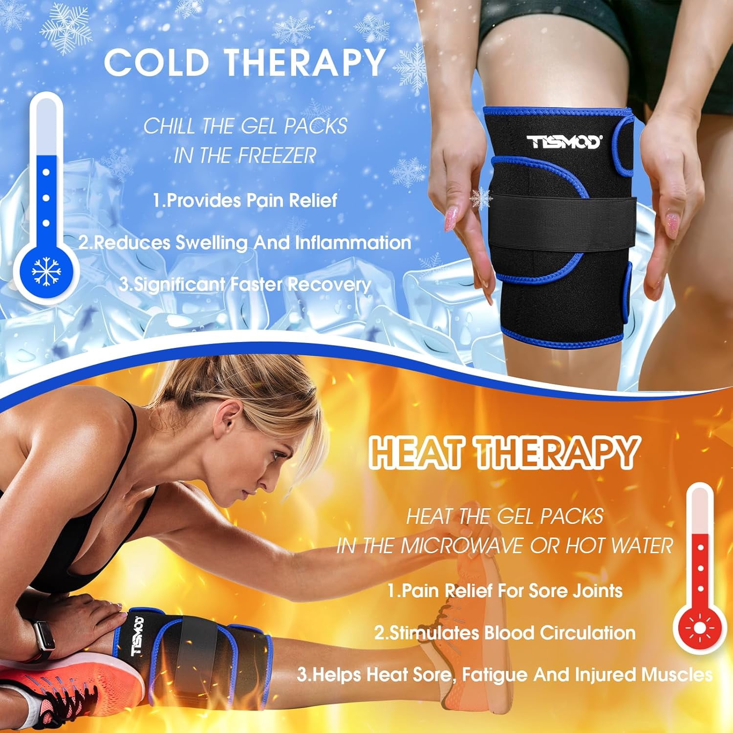 Knee Ice Pack Wrap - Cold/Hot Gel Compression Brace Support For Swelling, Knee Surgery, Meniscus Tear, ACL，MCL, PCL, Women, Men (Blue)