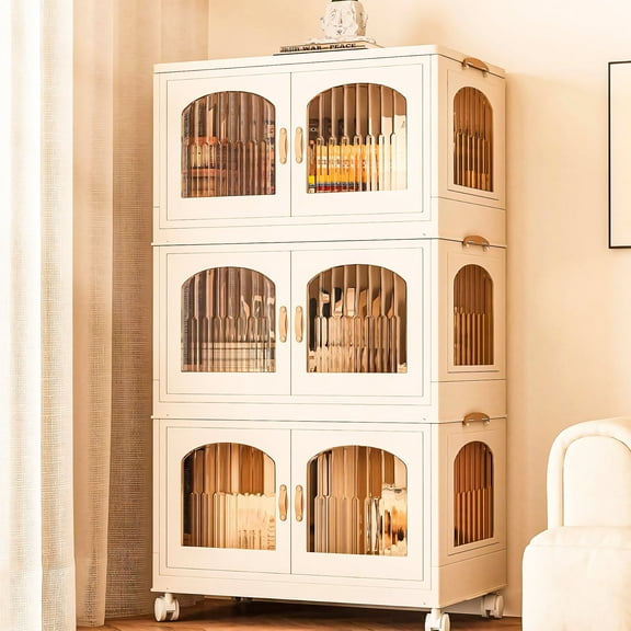 YOUPINS 3 Pack 165QT Plastic Storage Bins with Lids, Closet Organizers and Storage,Collapsible Storage Cubes, stackable storage bins with Doors Wheels