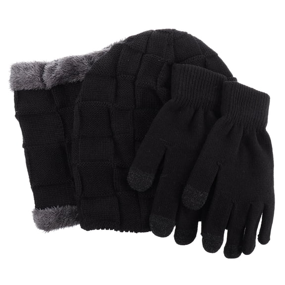 Raindrops 1Set Warm Black Knitted Scarf and Beanie Hat with Gloves for Men Outdoor Winter Use