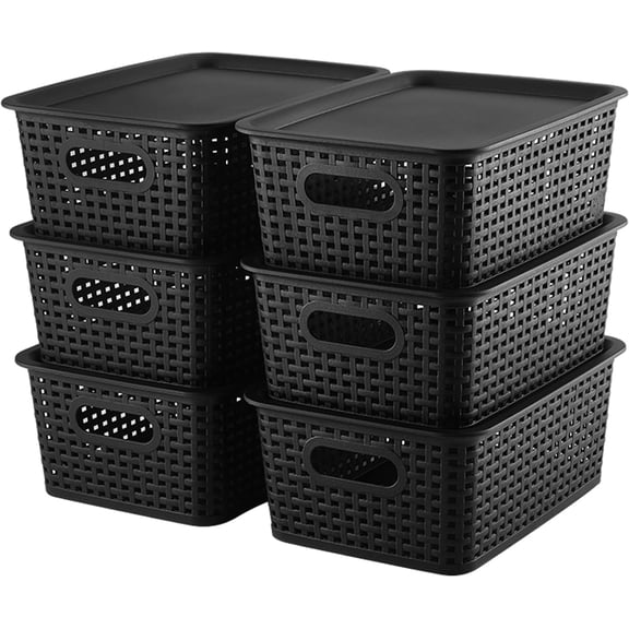 Carestrong 6 Pack Storage Bins Plastic Storage Baskets With Lid Small Baskets for Organizing Stackable Storage Container Organizer Bins for Shelves Drawers Desktop Playroom Classroom Office, Black