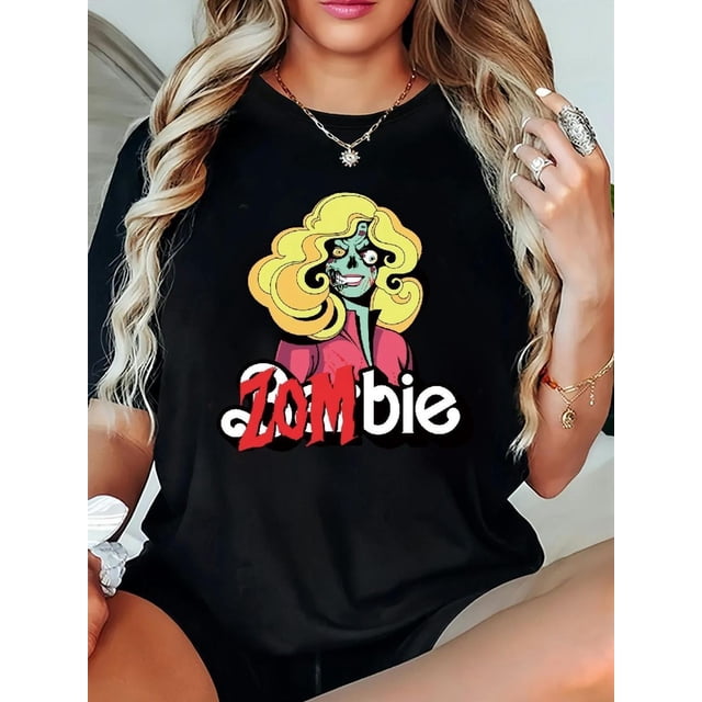 WomenS anime Zombie Print T-Shirt, Casual Crew Neck, Cotton Knit Fabric, Short Sleeve, Slight Stretch, Regular Length, Spring/Summer/Fall Top