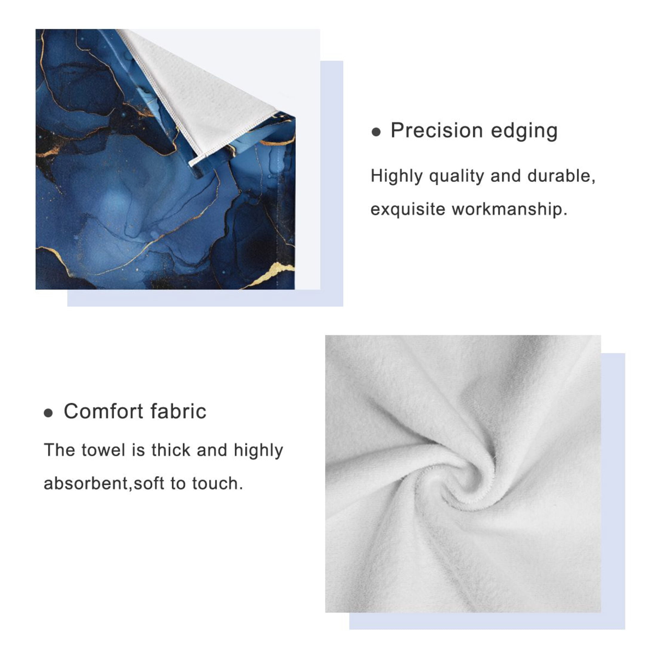 WOBOGO Navy Blue Gilt Marble Ultra Soft 3 Pack Cotton Towel Set Includes 60 x 30in Bath Towel 28 x 16in Face Towel and 13 x 13in Small Square Towel for Everyday Use Lightweight and Compact