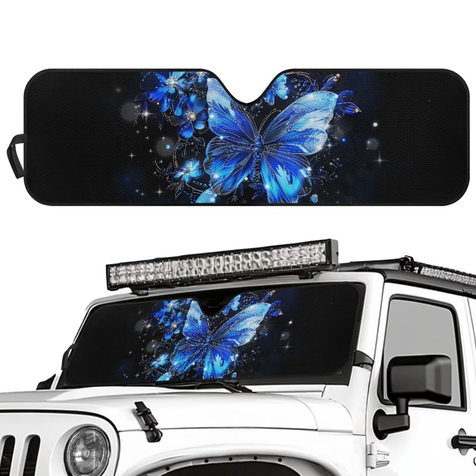 Uorisanigo Windshield Sun Shade for Jeep Wrangler TJ JK JKU 1997-2018 Foldable Blue Butterfly Front Window Sunshade Prevent Dashboard Fades and Cracks