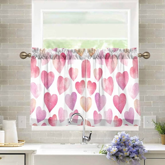 Wobogo Pink Glitter Hearts Pattern Kitchen Curtains 2 Piece Set Farmhouse Country Style Light Filtering Small Window Drapes Suitable for Bathroom Laundry Room and RV 27x24in