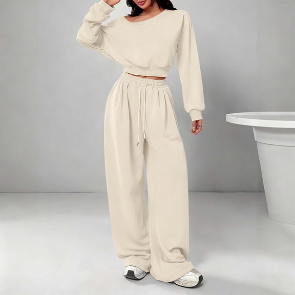 Cadancy Sweat Suits for Womens 2 Piece Crop Top Off the Shoulder Loose Fit Wide Leg Drawstring Waist Sweatpants with Pockets y2k Fashion Casual Cozy Sweatsuit Outfits