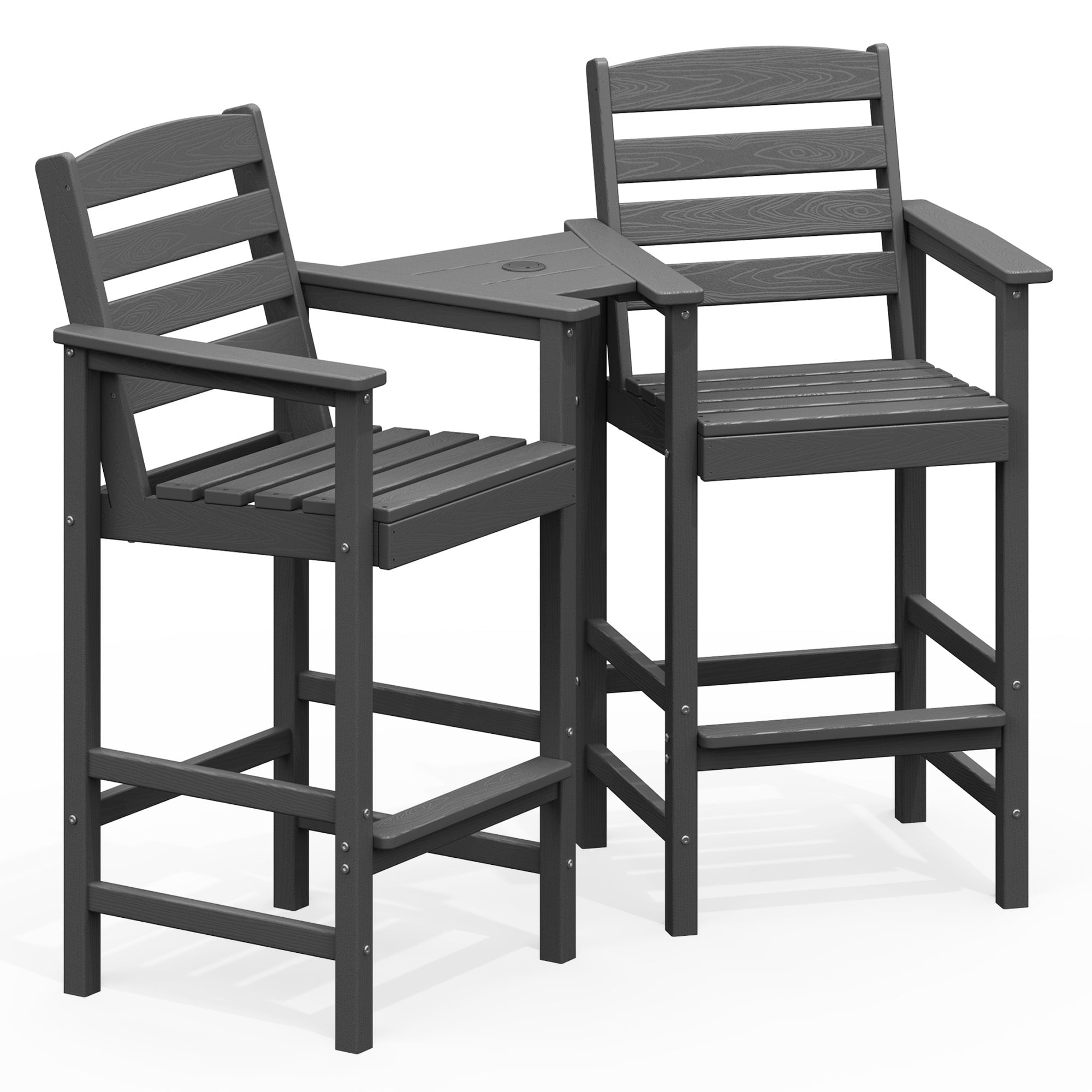 RIAFUN HDPE Height Bar Stools Set of 2 with Removable Connecting Table, Weather Resistant Outdoor Tall Adirondack Chairs with Umbrella Hole for Patio, Poolside, Garden, Gray