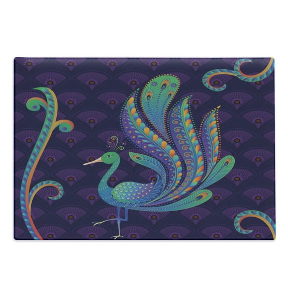 Ethnic Cutting Board, Peacock Bird with Oriental Feather Before Image, Decorative Tempered Glass Cutting and Serving Board, Large Size, Purple Green and Blue, by Ambesonne
