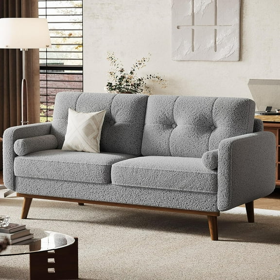 IdealHouse 65" Loveseat Sofa, Mid Century Modern 2-Seater Couch, Teddy Fleece Boucle Upholstered, Deep Seat Love Seat for Living Room, Bedroom, Grey