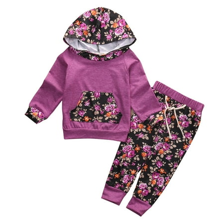 

hirigin Infant Baby Girls Fall Clothing Sets Purple Long Sleeve Hoodies+Floral Pants Outfit Set