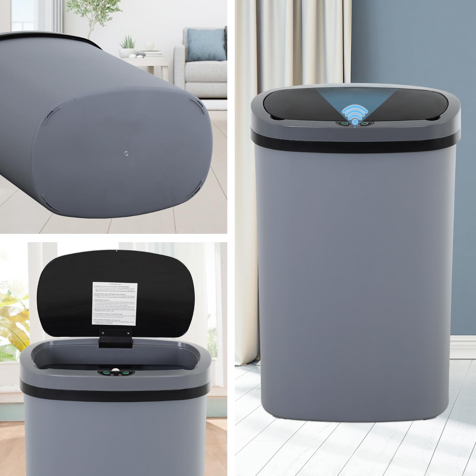 CL.HPAHKL 13 Gallon Trash Can with Lid, 50 Liter High-Capacity Broken-Resistant Plastic Garbage Can Touchless Motion Sensor Trash Can Smart Trash Can for Home Kitchen Bedroom Office (1, Gray)