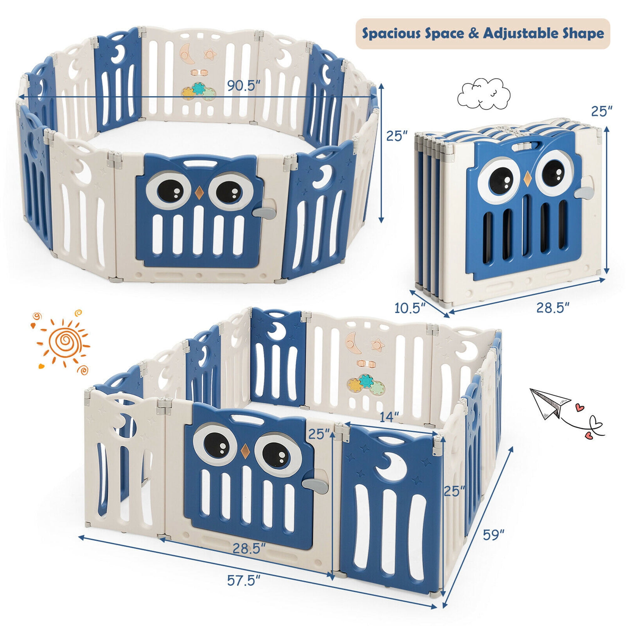 Gymax 14-Panel Baby Playpen Foldable Play Yard Kids Activity Center with Lock Door, Blue