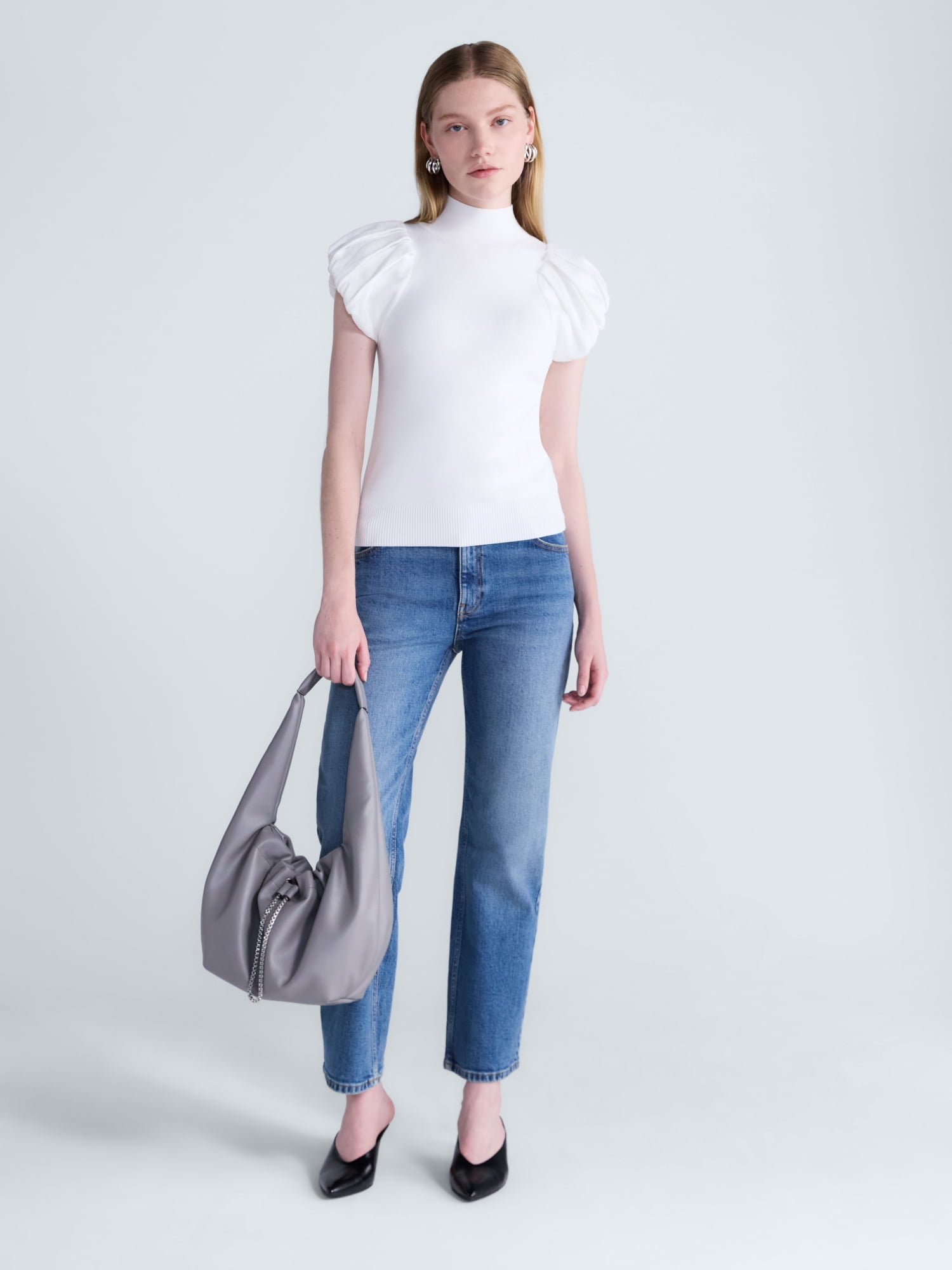 Scoop Women's Mock Neck Top with Bubble Cap Sleeves, Sizes XS-XXL