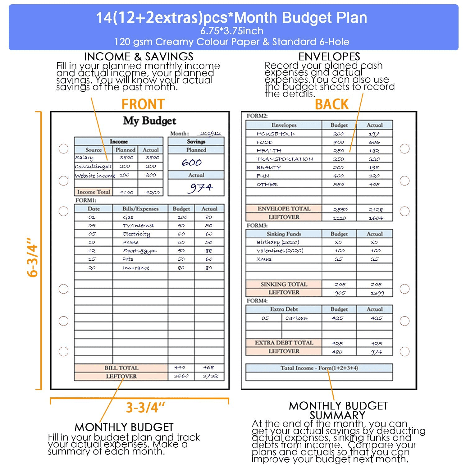 A6 Size Refill Paper,2022 Weekly & Monthly Planner & 6-Hole Budget System Refill, 6-3/4'' x 3-3/4'' for Budget Binder Cover, Budgeting Cash Envelopes