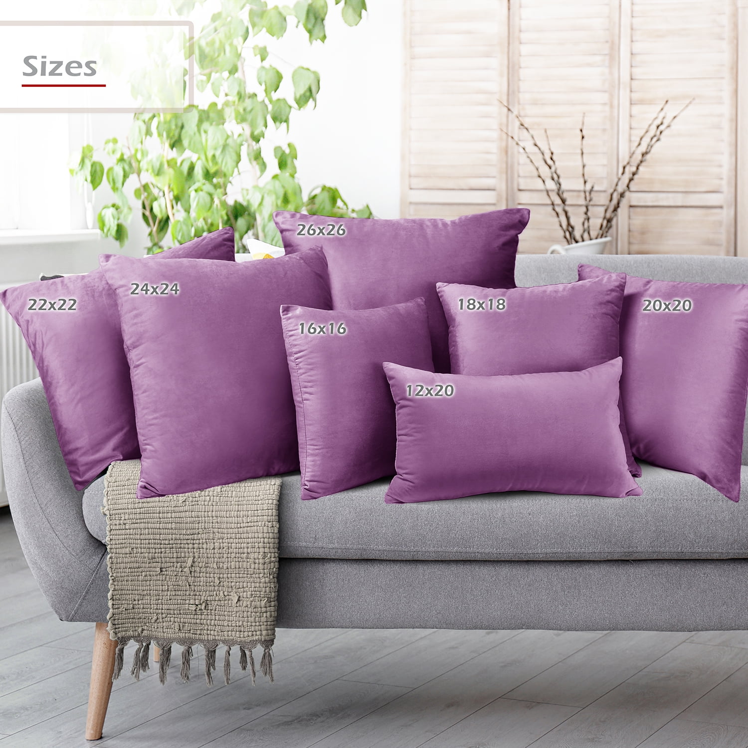 Clara Clark Plush Solid Decorative Microfiber Square Throw Pillow Cover with Throw Pillow Insert for Couch, Lavendar, 16"x16"", 4 Piece Decorative Soft Throw Pillow Set