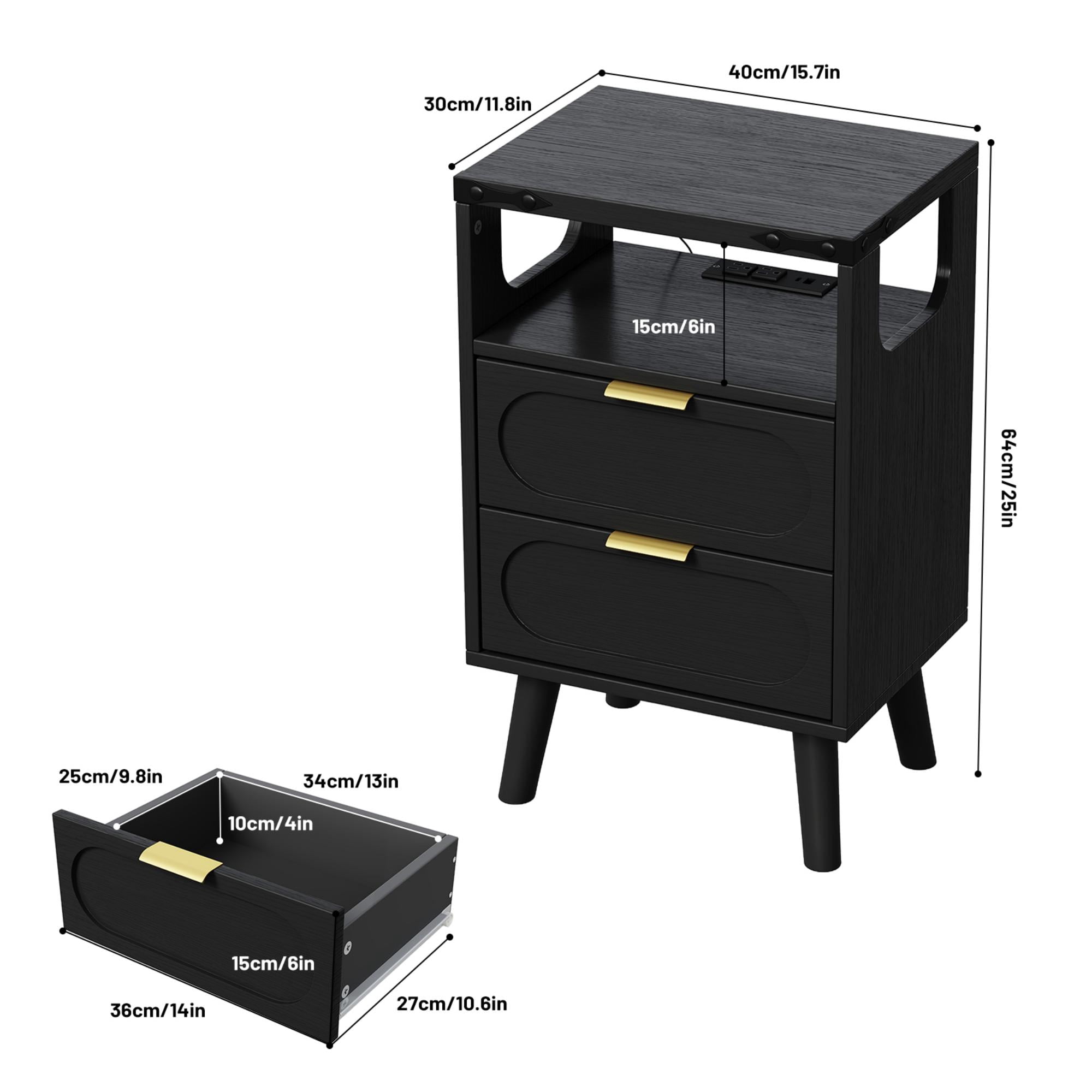 IDEALSOUL Nightstand with Charging Station, Smart Led Nightstand with 2 Drawer, Modern Bedside Table End Side Table Nightstands for Bedroom, Living Room, Black
