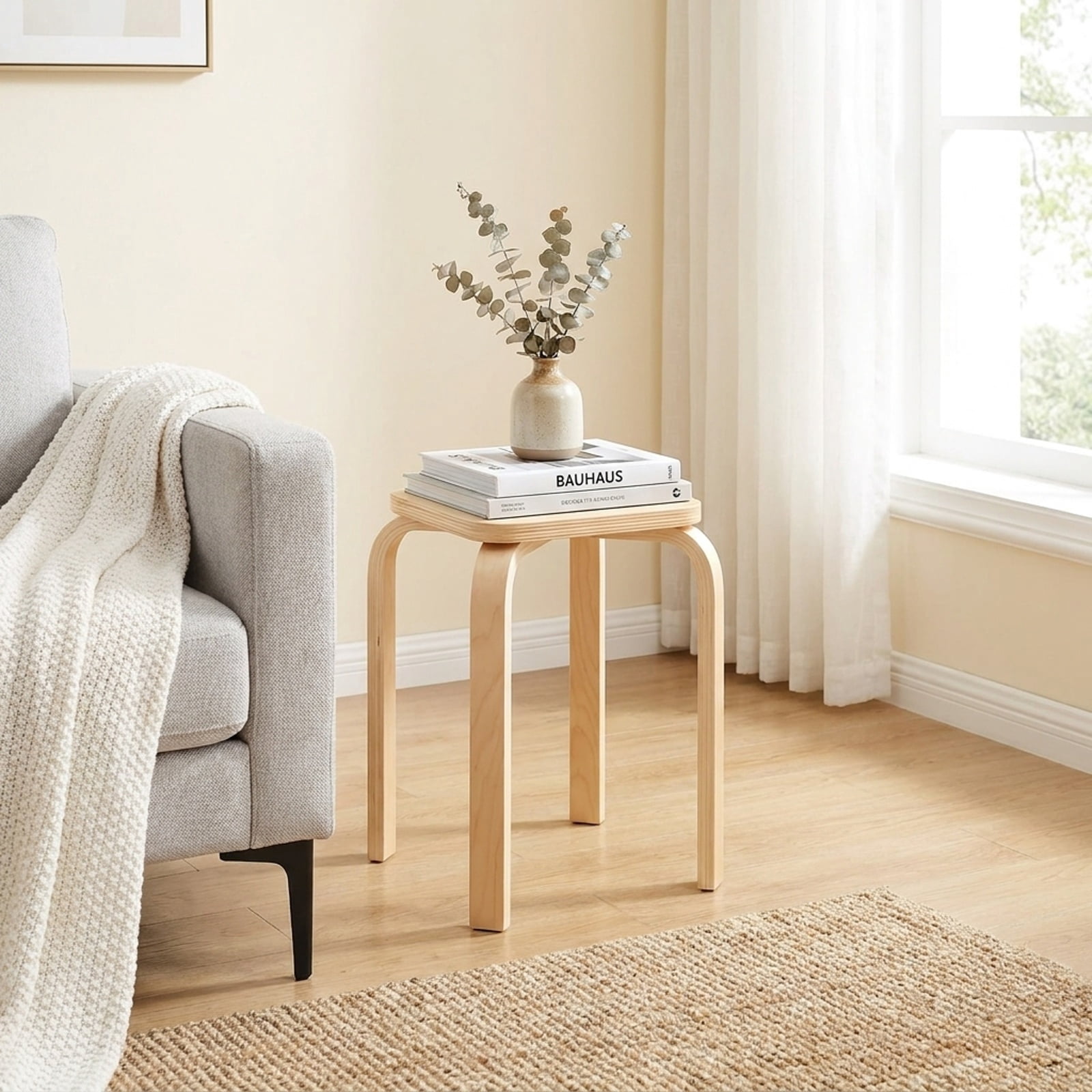 Furnibear Stackable Wood Stools Set of 4 with Square Top and Rounded Corners in Natural