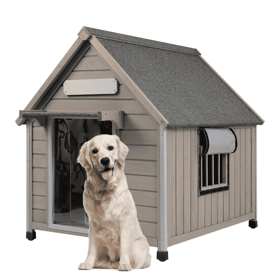 PETSCOSSET Wooden Dog House with Asphalt Roof ,Pet House with PVC Door Curtain and Window for outdoor, 30.5" L x 41" W x 39" H, Gray