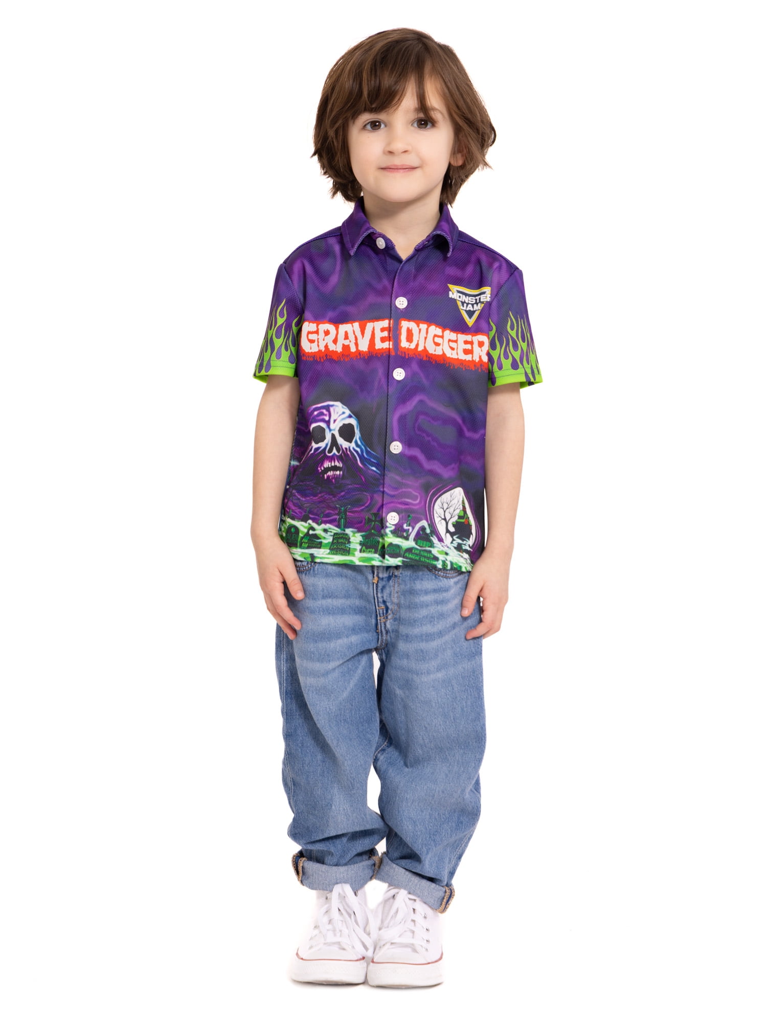 Monster Jam Grave Digger Toddler Boys Button Shirt with Short Sleeves, Sizes 12M-5T