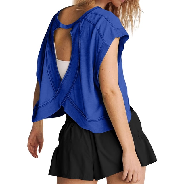 Camisetas de manga corta para mujer para hacer ejercicio - Camisetas con espalda abierta para gimnasio, yoga y running - Corte holgado, transpirables, para combinar con pantalones de chándal o pant