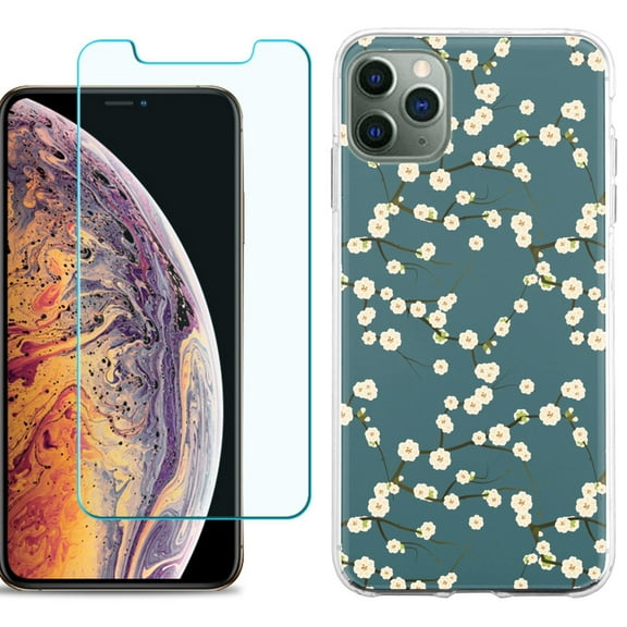 For Apple iPhone 11 Pro Max Phone Case , Slim-Fit TPU Case with Tempered Glass Screen Protector, by OneToughShield ® - Blossom Green