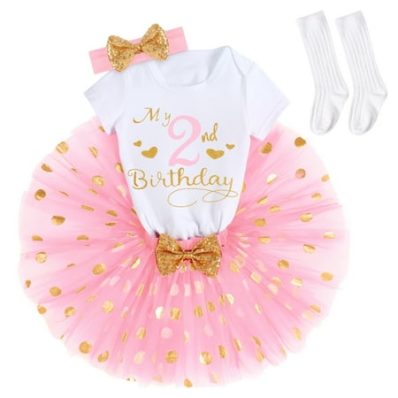 

IBTOM CASTLE Toddler Infant Baby Girls It s My 1/2 / 1st / 2nd / 3rd Birthday Outfit Romper + Tutu Skirt + Headband + Socks Princess Clothes Set for Cake Smash 2 Years Pink