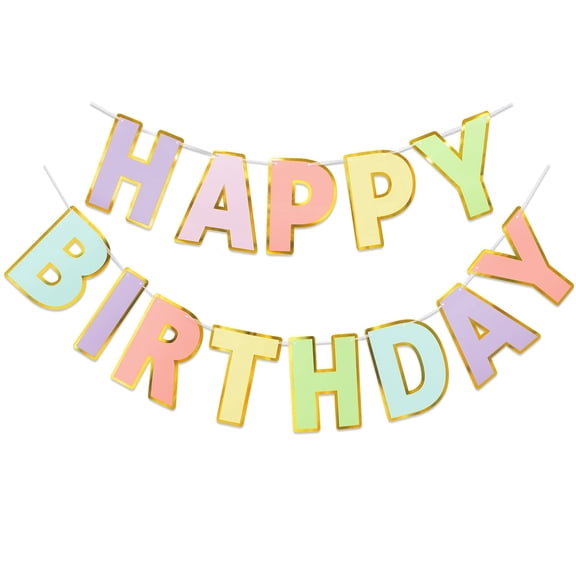 Macaron Happy Birthday Banner, Gold Foil Edge Birthday Sign Party Decorations for Women Men Girls Boys