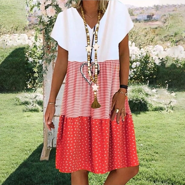 Abomasnow - Vestido corto informal de talla grande para mujer, de verano, holgado, a la moda, con cuello en V, rayas, lunares, manga corta, volantes, dobladillo escalonado, de lino, para playa y sol,