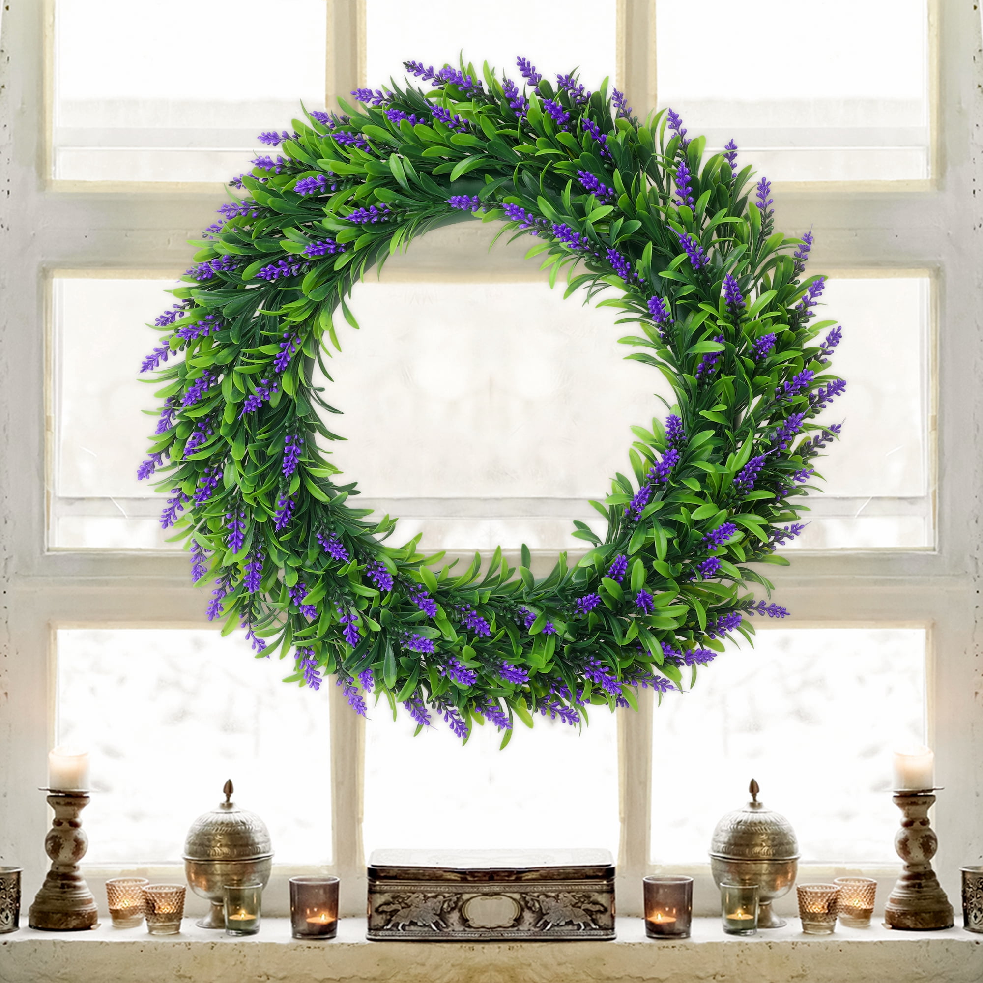 Unique Bargains Lavender Wreath for Front Door Artificial Wreaths Plastic Green Leaves